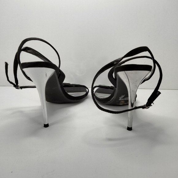 WET SEAL Sandals Ankle Strap Black Satin & Diamonds Silver 4.5" Stilettos Sz 9 - Picture 4 of 14
